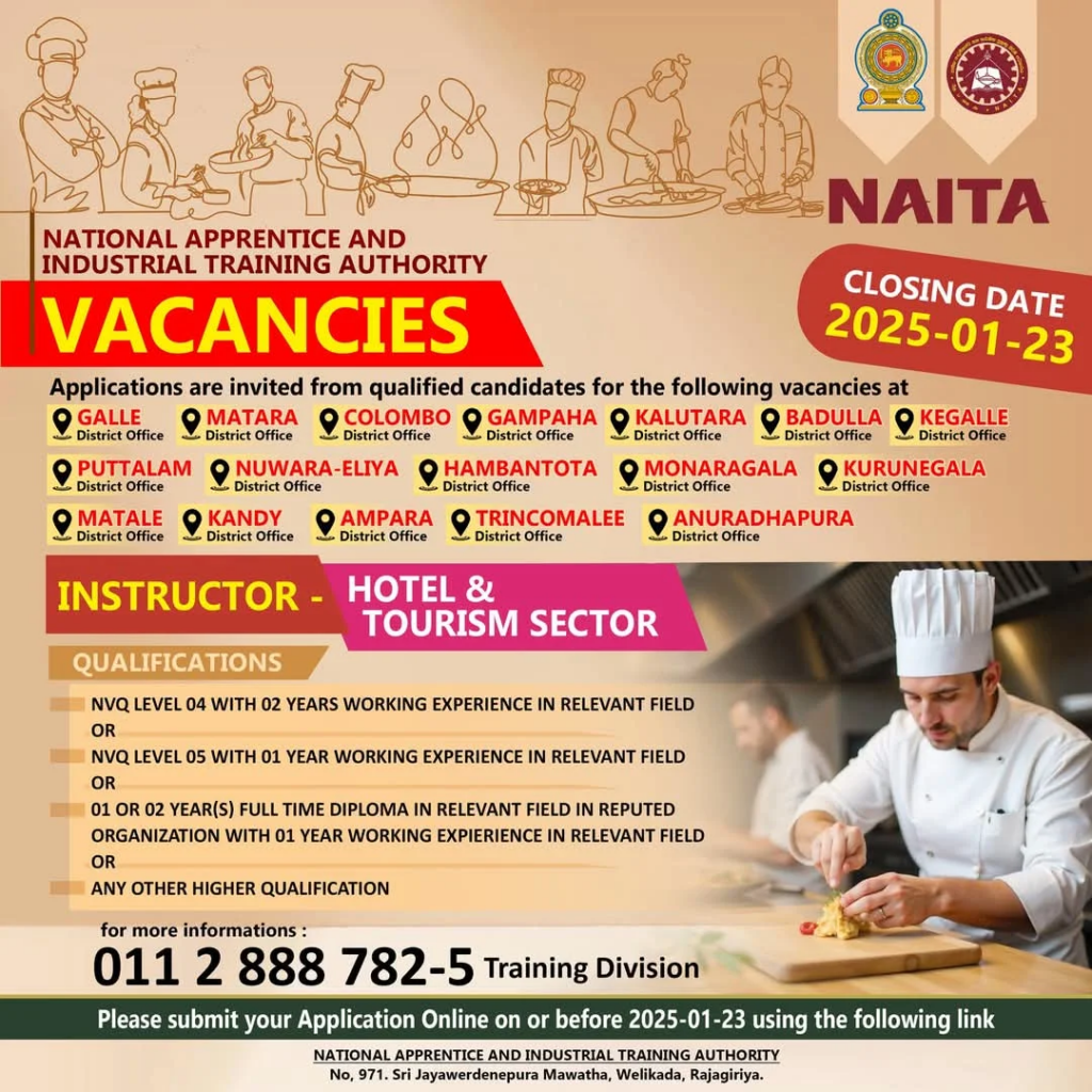 National Apprentice and Industrial Training Authority  Hotel and Tourism Sector Instructor Vacancies Advertisement